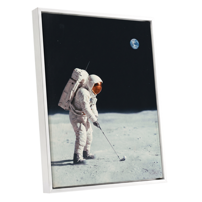 Lunar Tee Time, black, white, gray minimalist wall art shown as a white framed canvas wall art