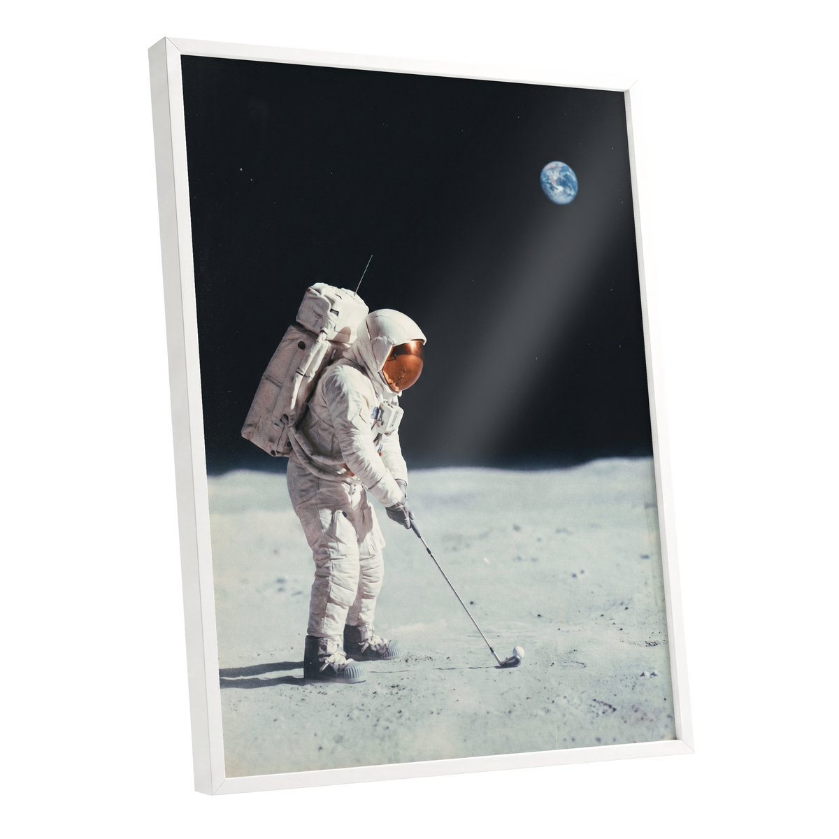 Lunar Tee Time, black, white, gray minimalist wall art shown as a white framed poster wall art print