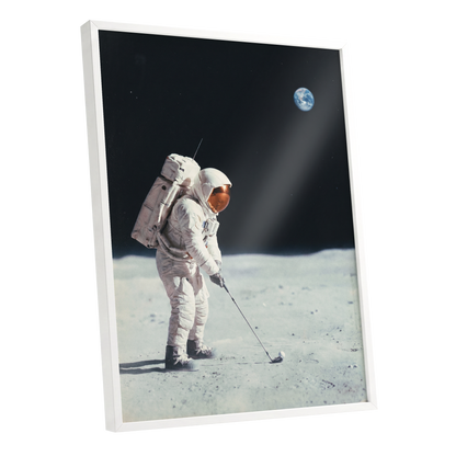 Lunar Tee Time, black, white, gray minimalist wall art shown as a white framed poster wall art print