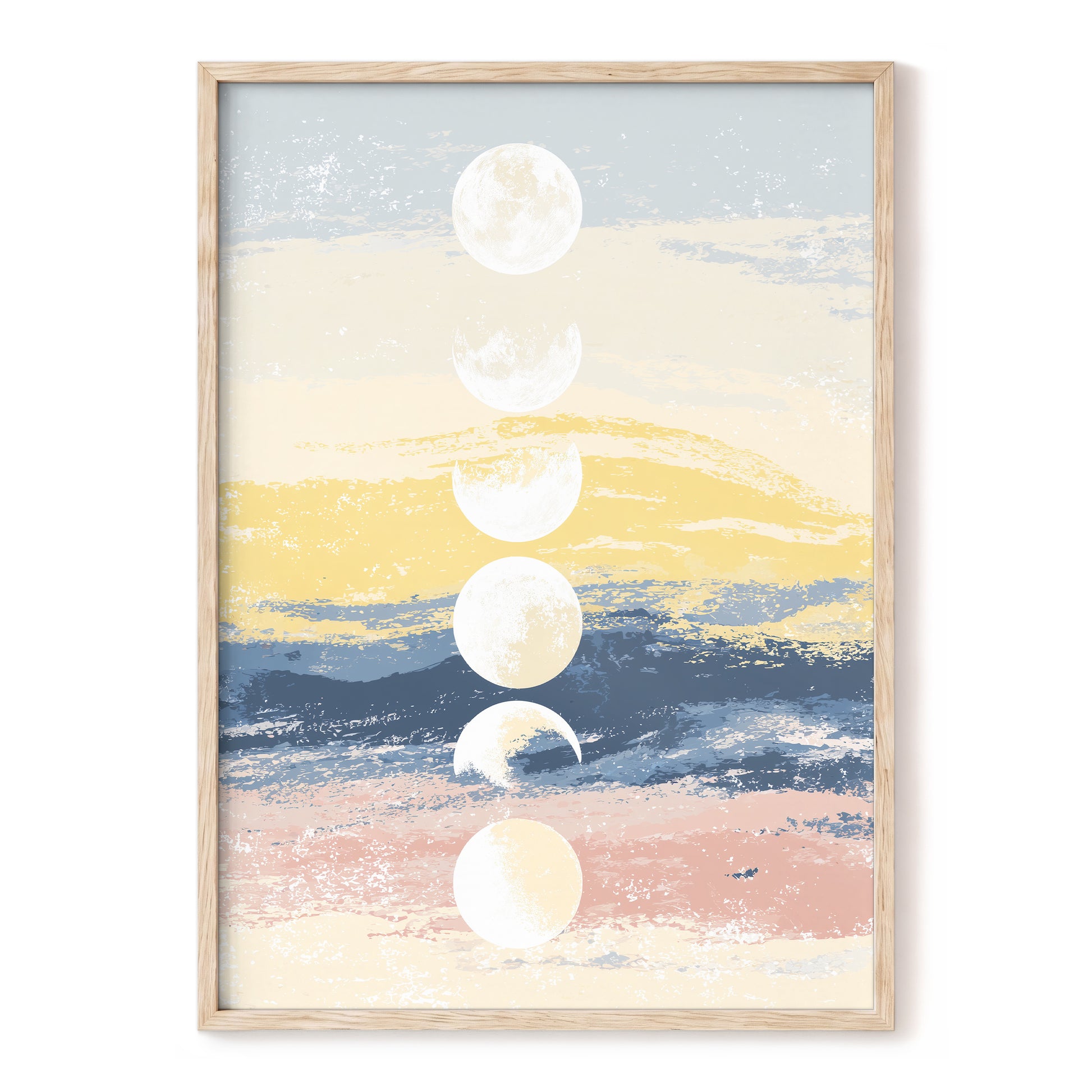 Lunar Tides – blue, gold, beige nature wall art, front view