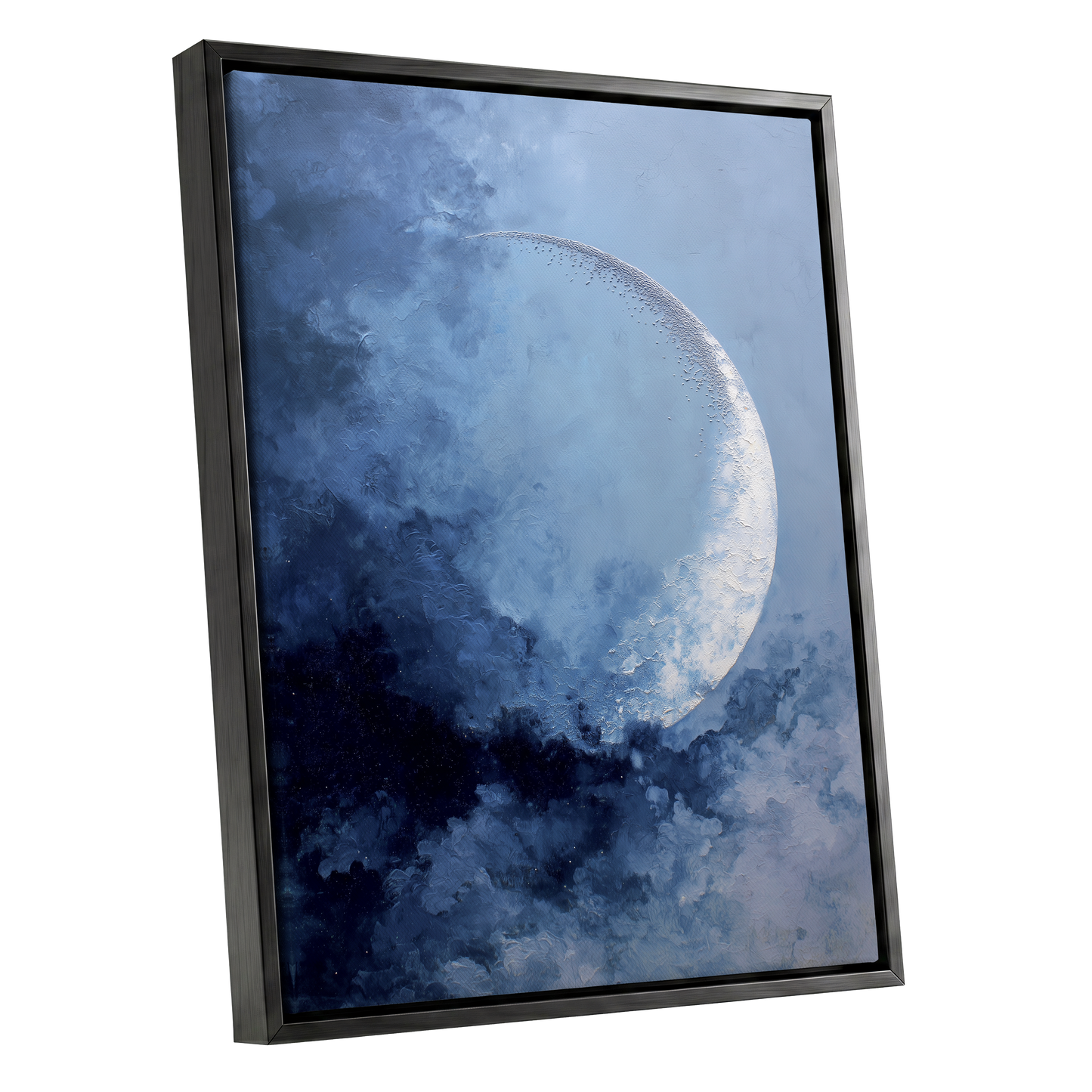 Lunar Veil, blue, white, gray nature wall art shown as a black framed canvas wall art