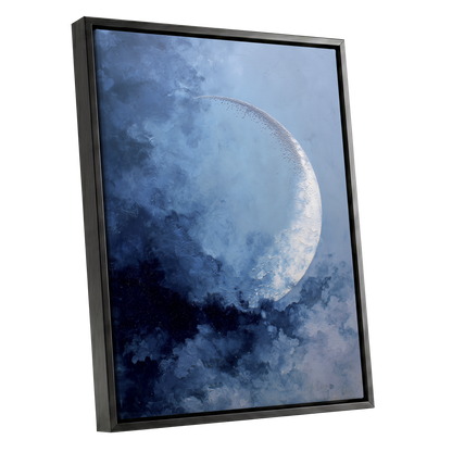 Lunar Veil, blue, white, gray nature wall art shown as a black framed canvas wall art