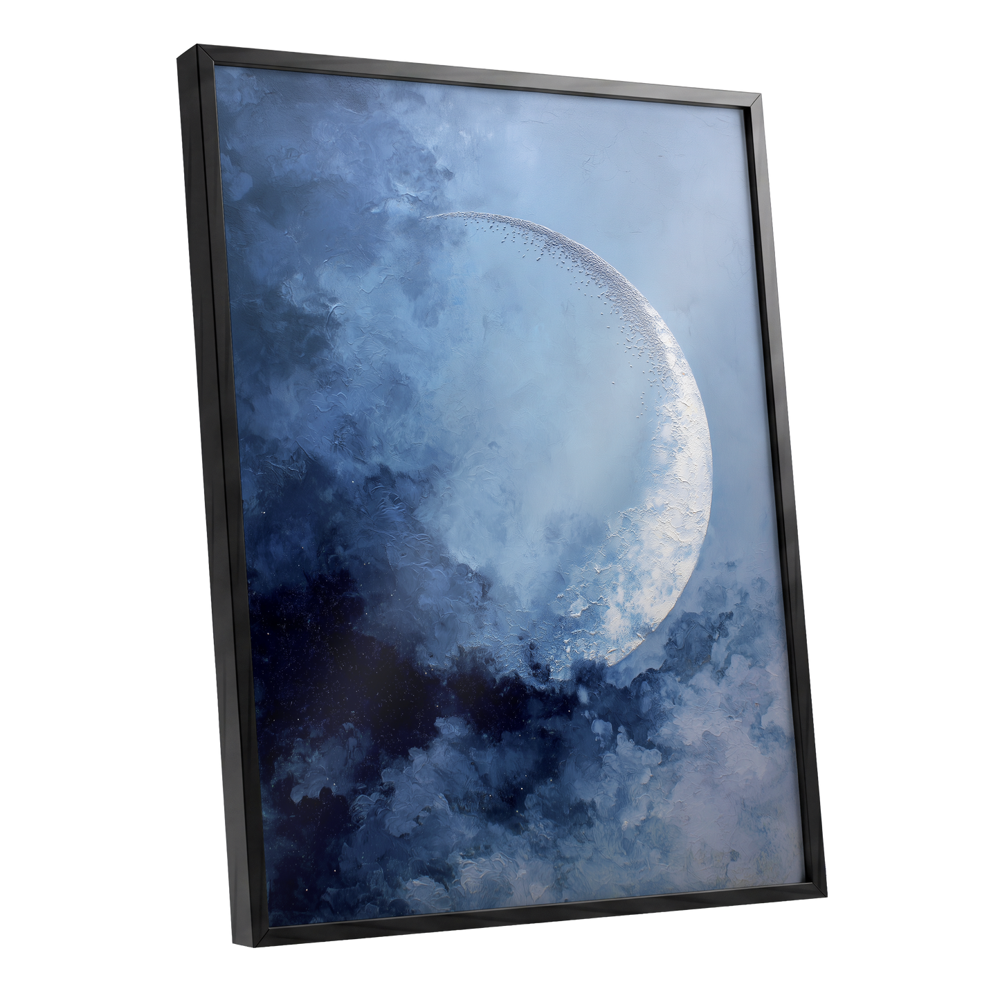 Lunar Veil, blue, white, gray nature wall art shown as a black framed poster wall art print