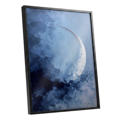 Lunar Veil, blue, white, gray nature wall art shown as a black framed poster wall art print
