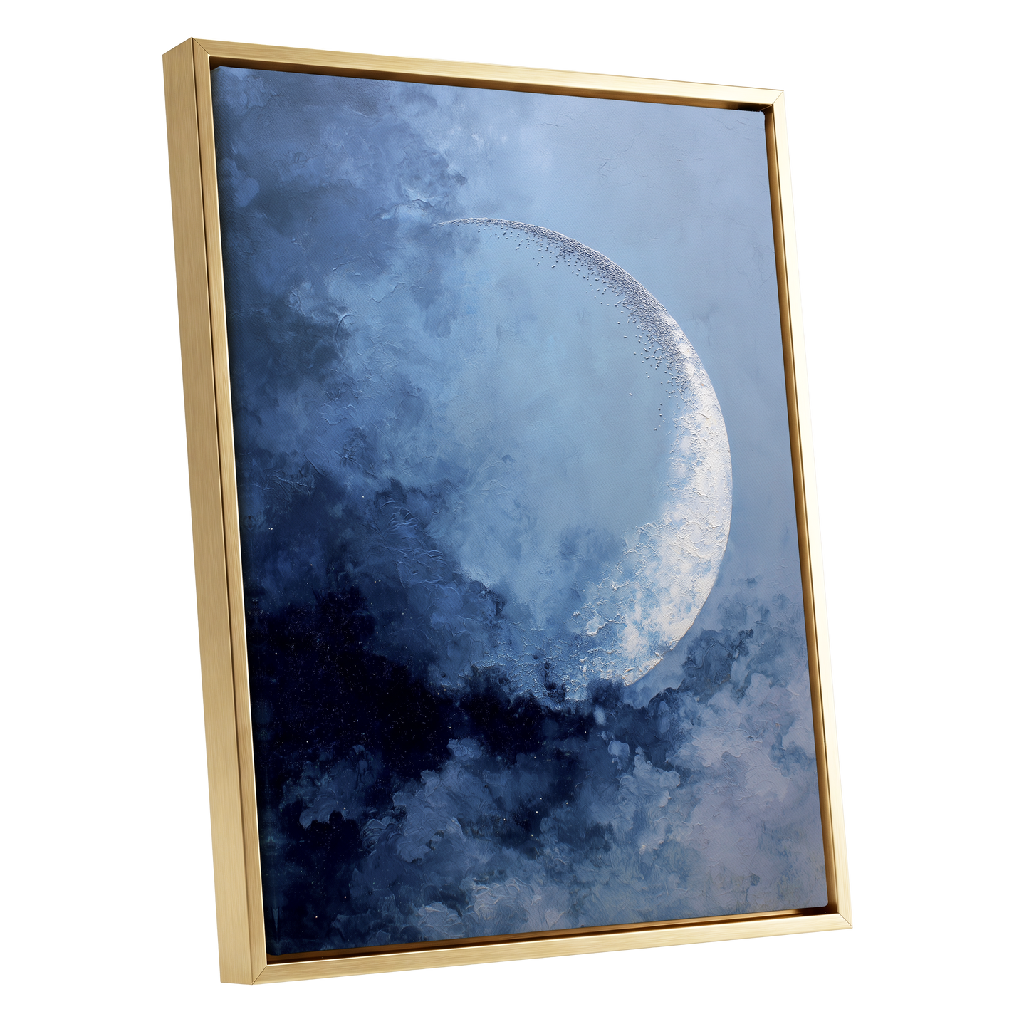 Lunar Veil, blue, white, gray nature wall art shown as a gold framed canvas wall art