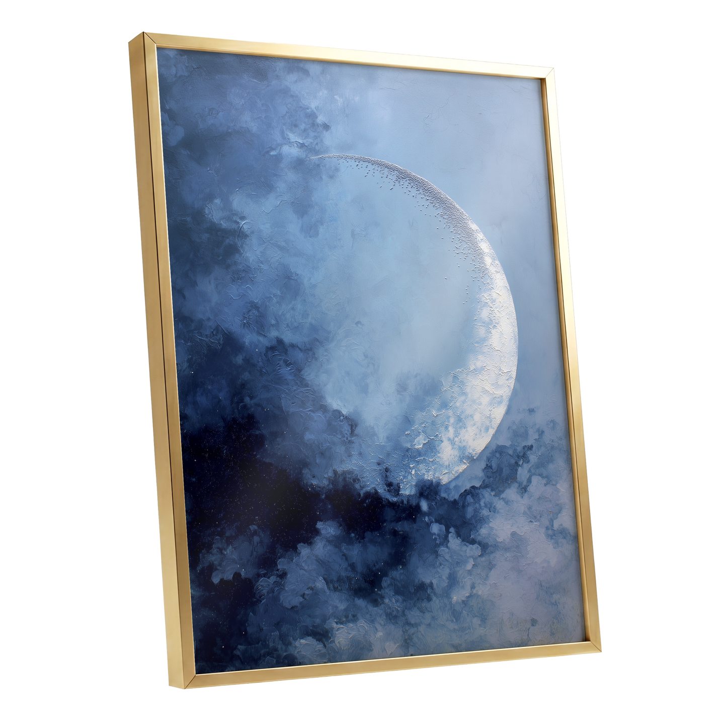 Lunar Veil, blue, white, gray nature wall art shown as a gold framed poster wall art print