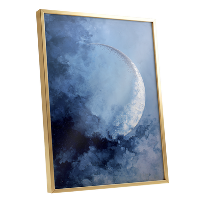 Lunar Veil, blue, white, gray nature wall art shown as a gold framed poster wall art print