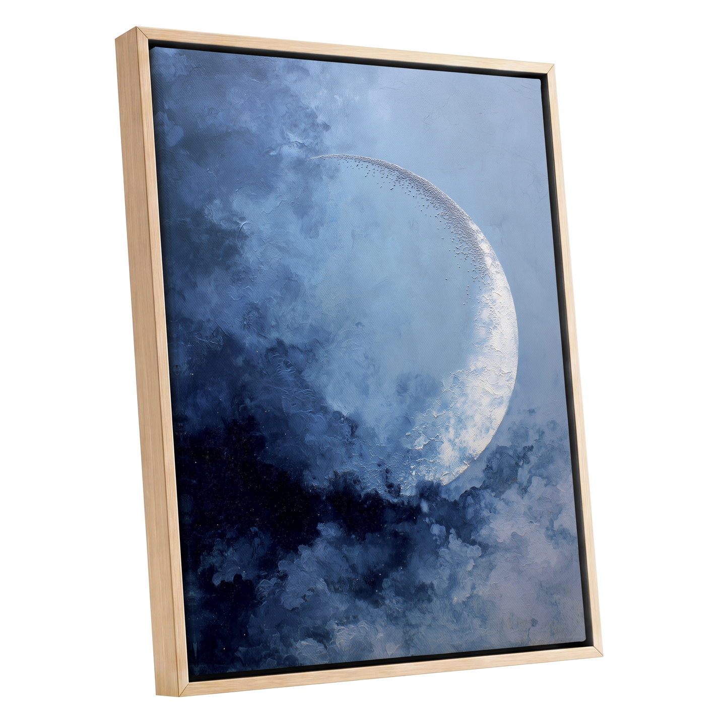 Lunar Veil, blue, white, gray nature wall art shown as a oak framed canvas wall art