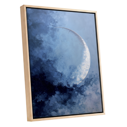 Lunar Veil, blue, white, gray nature wall art shown as a oak framed canvas wall art