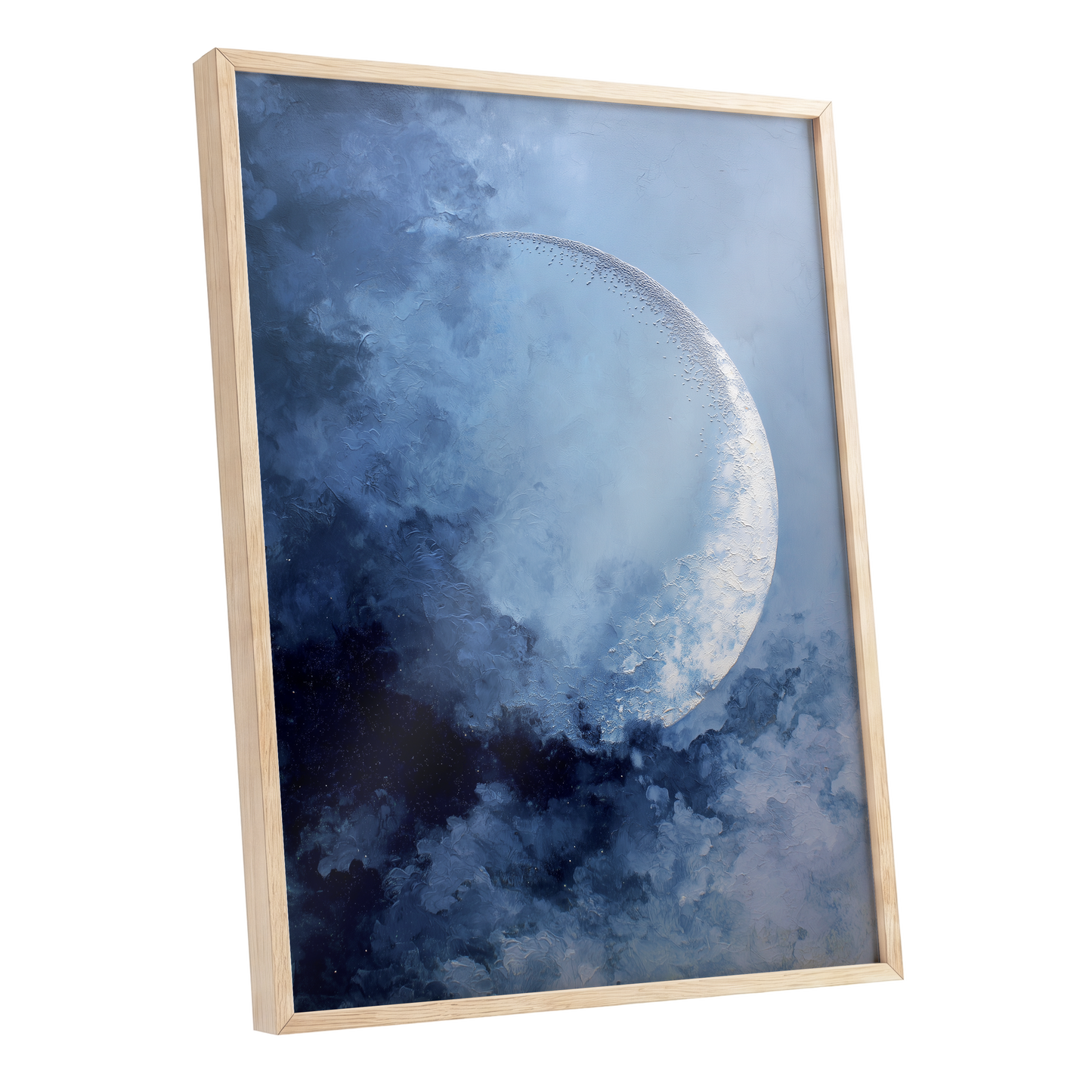 Lunar Veil, blue, white, gray nature wall art shown as a oak framed poster wall art print