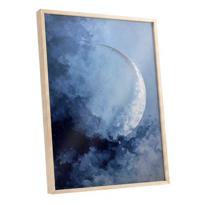 Lunar Veil, blue, white, gray nature wall art shown as a oak framed poster wall art print