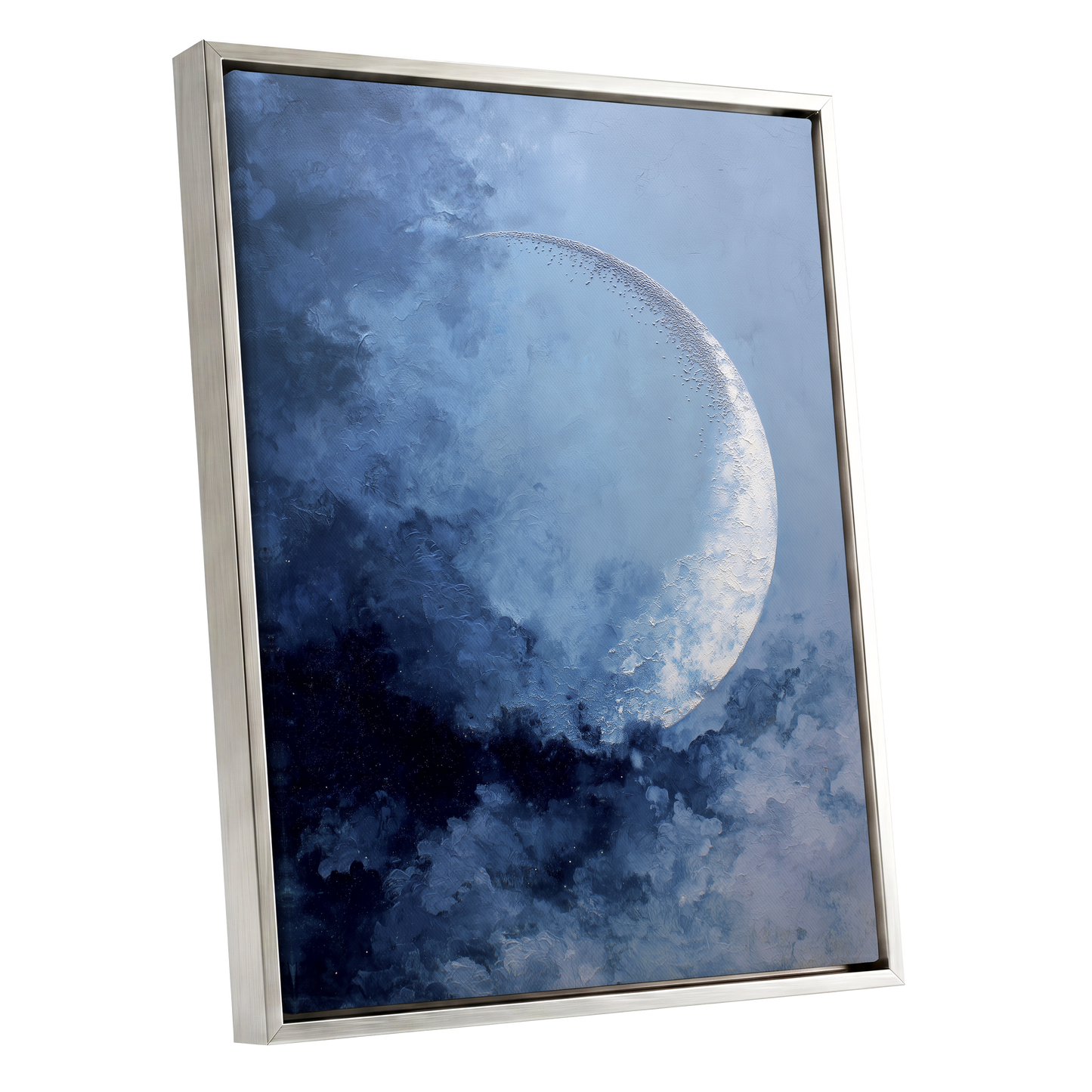 Lunar Veil, blue, white, gray nature wall art shown as a silver framed canvas wall art