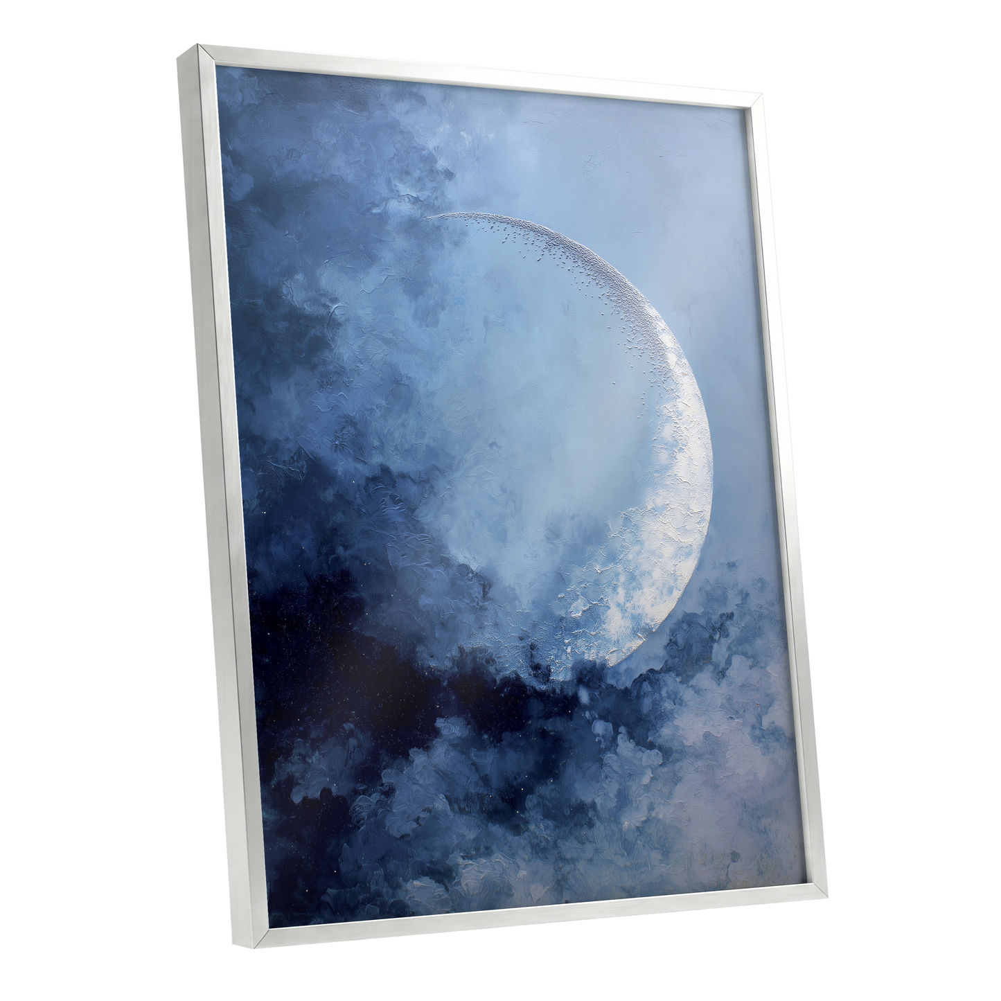 Lunar Veil, blue, white, gray nature wall art shown as a silver framed poster wall art print