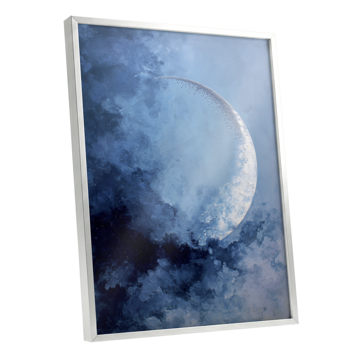 Lunar Veil, blue, white, gray nature wall art shown as a silver framed poster wall art print