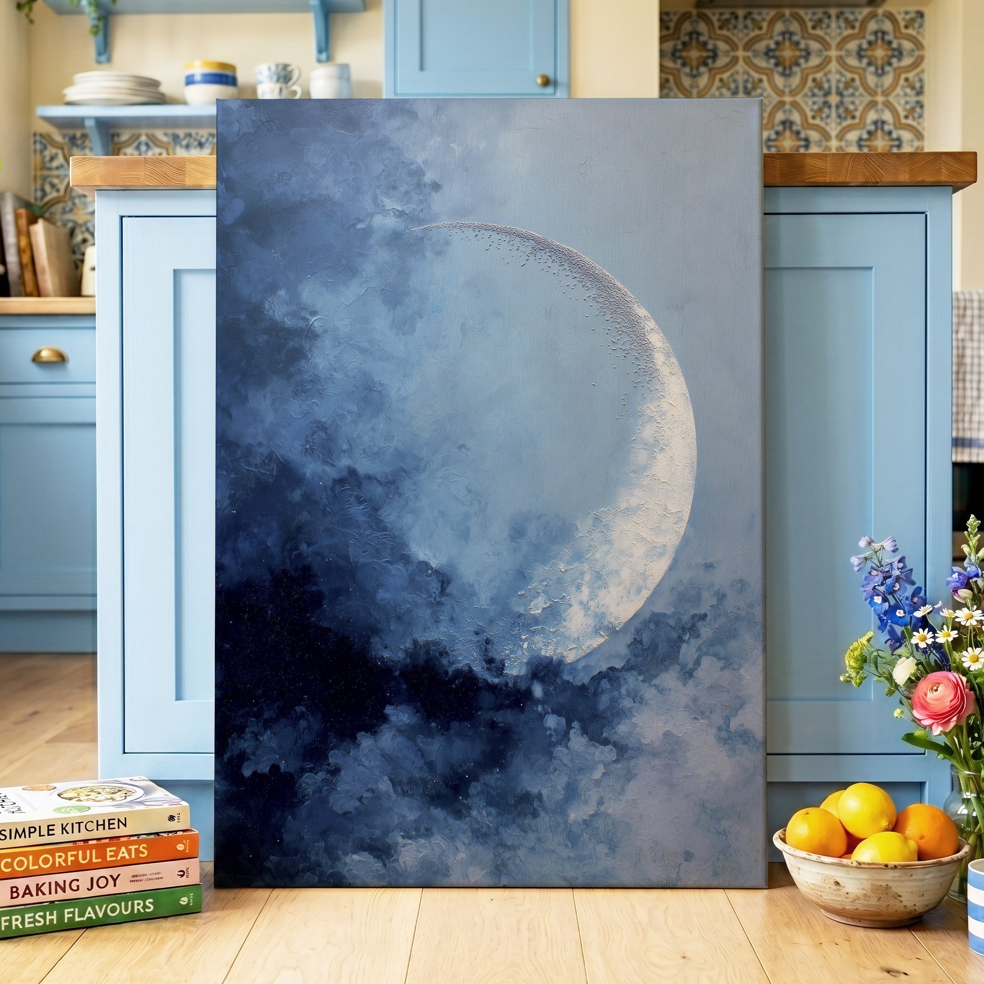 Lunar Veil, blue, white, gray nature wall art displayed in a styled interior, gallery view 3
