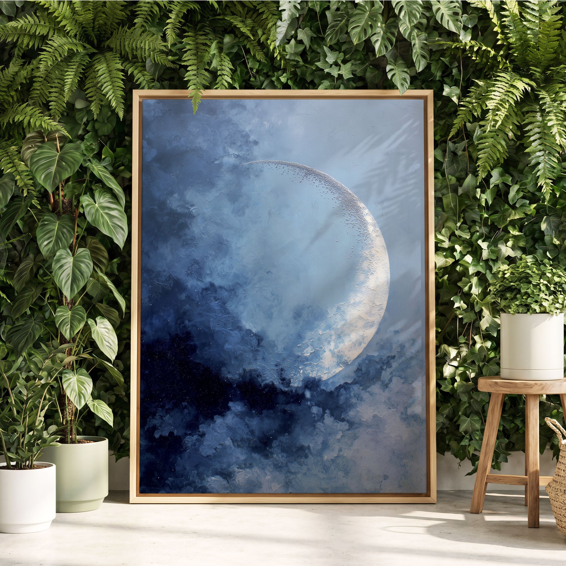 Lunar Veil, blue, white, gray nature wall art displayed in a styled interior, gallery view 4