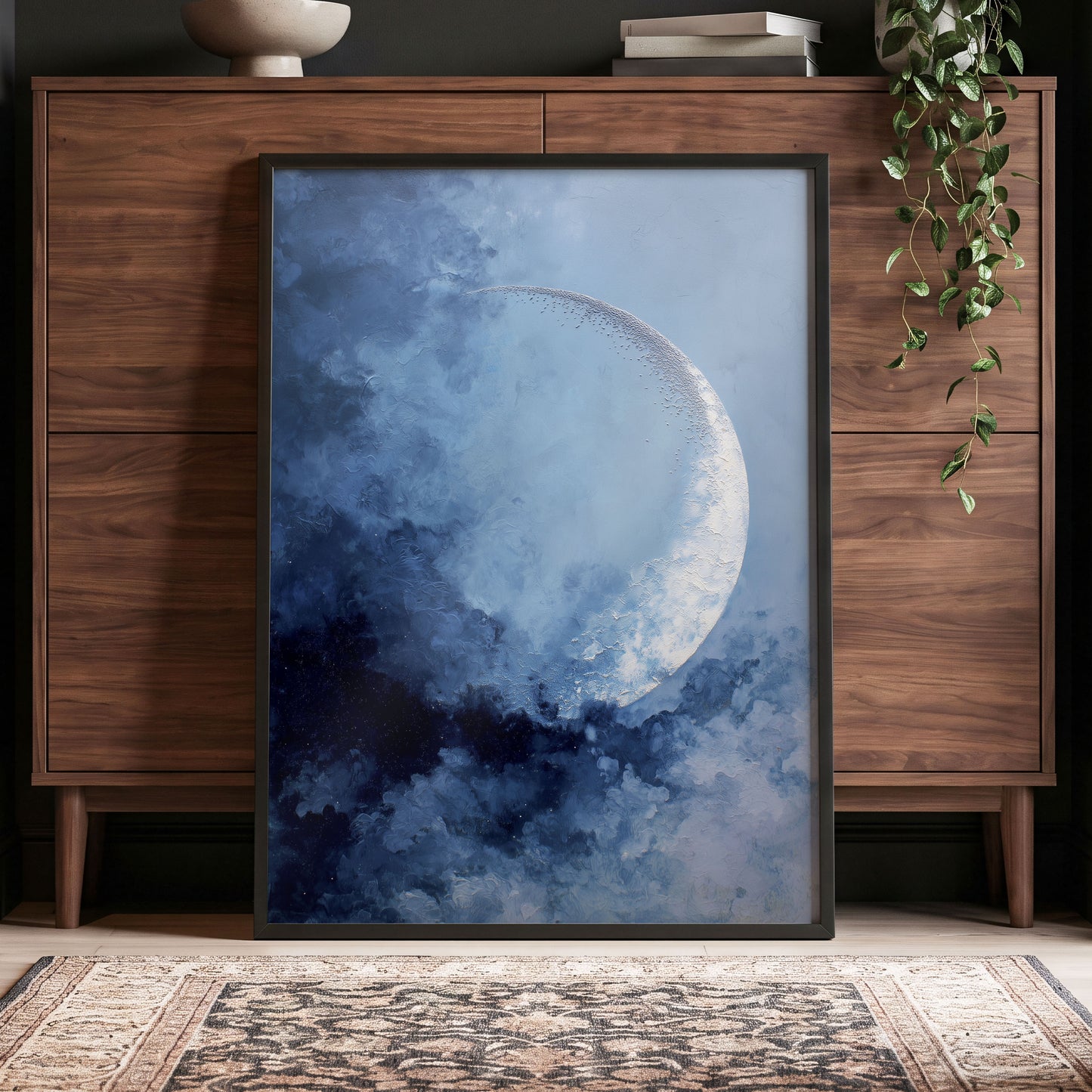 Lunar Veil, blue, white, gray nature wall art displayed in a styled interior, gallery view 6