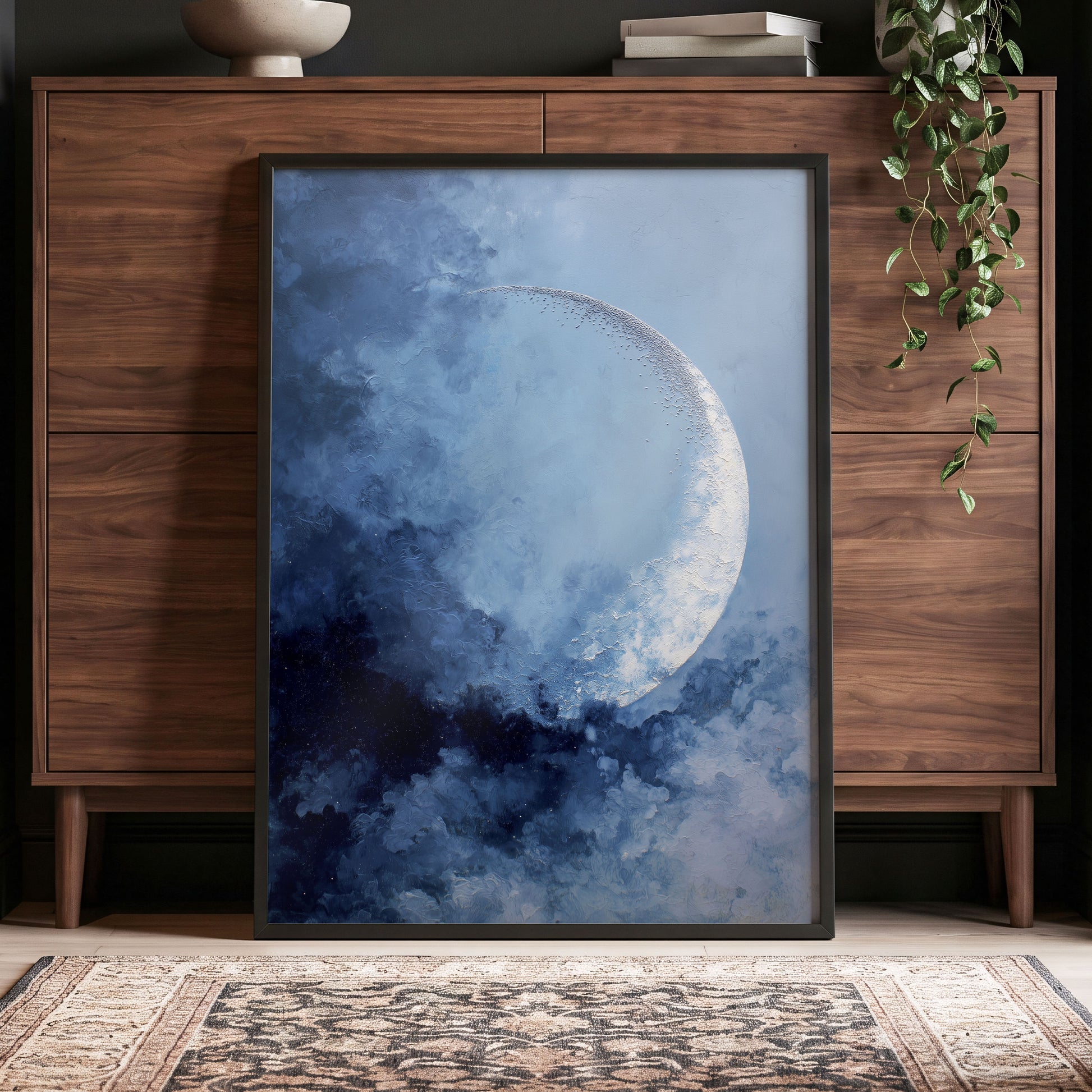 Lunar Veil, blue, white, gray nature wall art displayed in a styled interior, gallery view 6