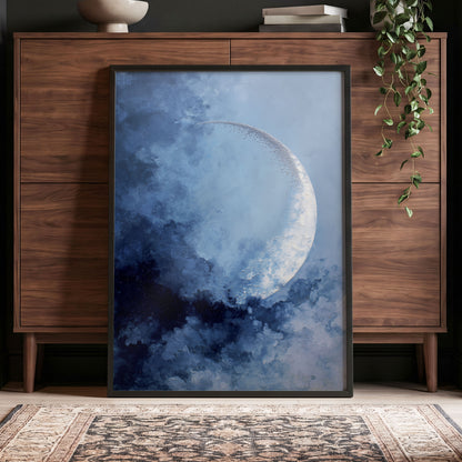 Lunar Veil, blue, white, gray nature wall art displayed in a styled interior, gallery view 6
