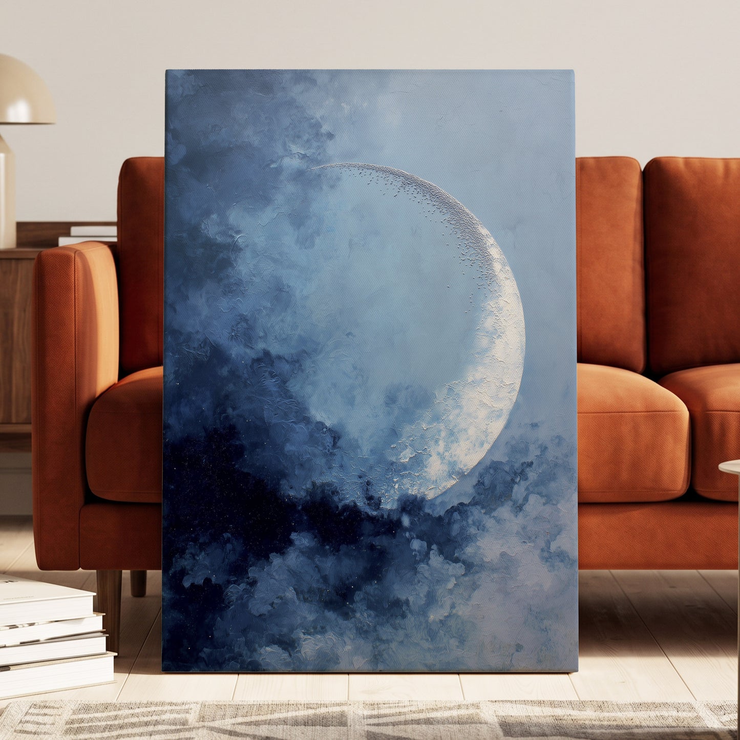 Lunar Veil, blue, white, gray nature wall art displayed in a styled interior, gallery view 7