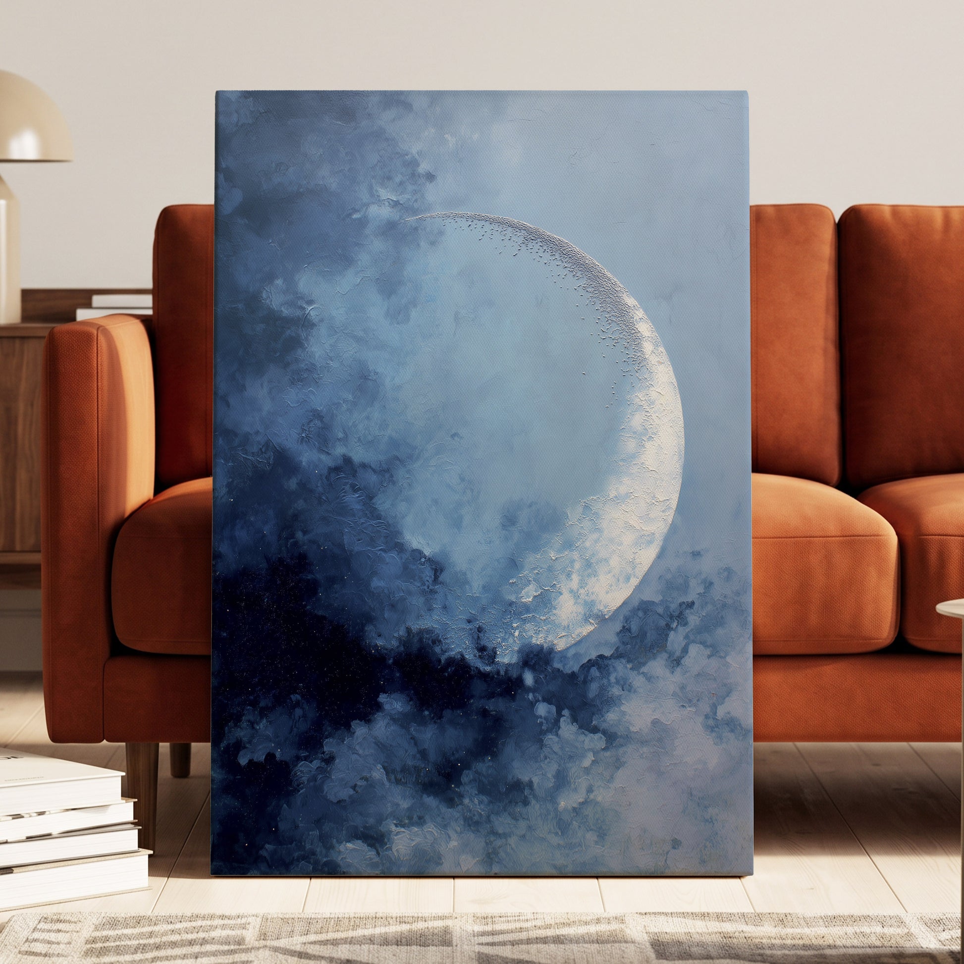 Lunar Veil, blue, white, gray nature wall art displayed in a styled interior, gallery view 7