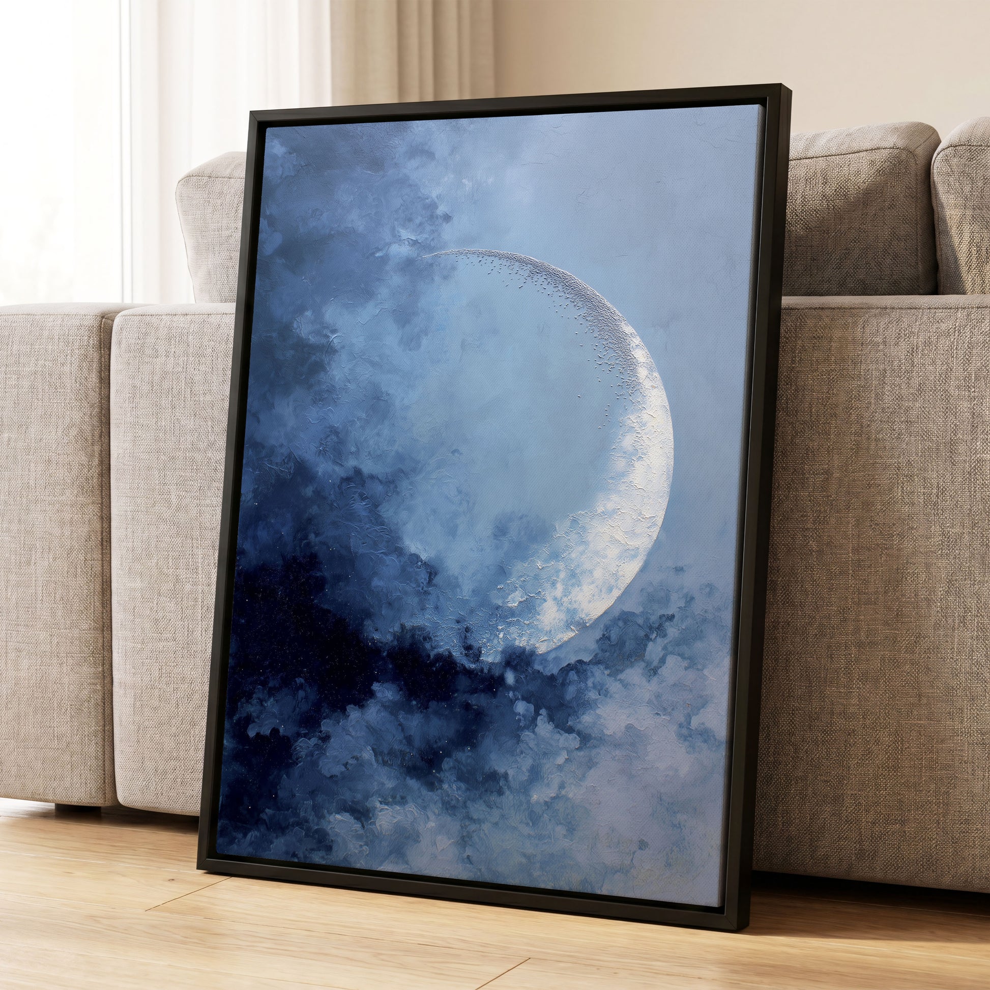 Lunar Veil, blue, white, gray nature wall art displayed in a styled interior, gallery view 8