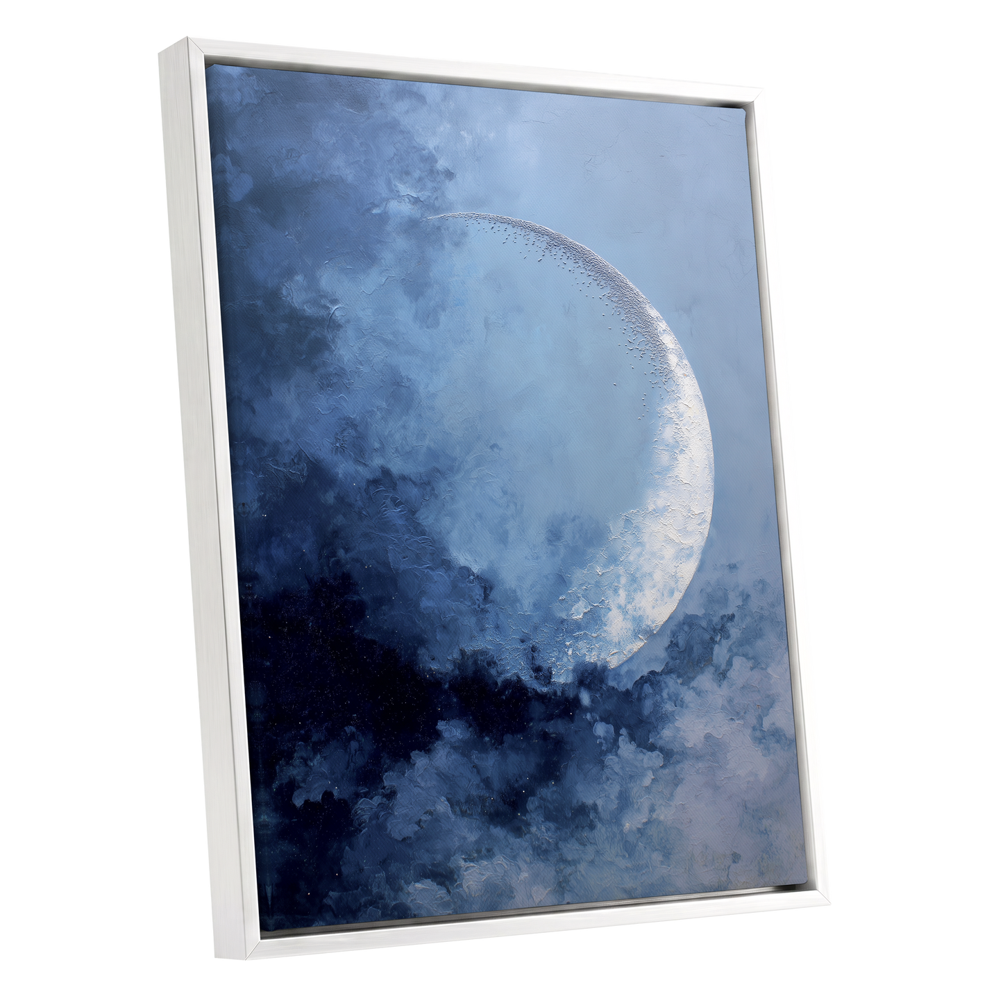 Lunar Veil, blue, white, gray nature wall art shown as a white framed canvas wall art