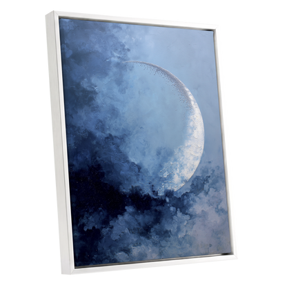 Lunar Veil, blue, white, gray nature wall art shown as a white framed canvas wall art