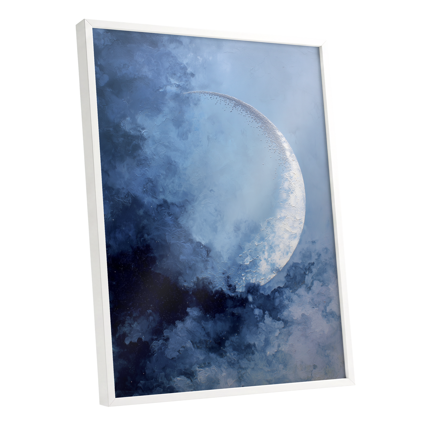 Lunar Veil, blue, white, gray nature wall art shown as a white framed poster wall art print