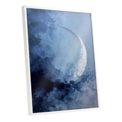 Lunar Veil, blue, white, gray nature wall art shown as a white framed poster wall art print