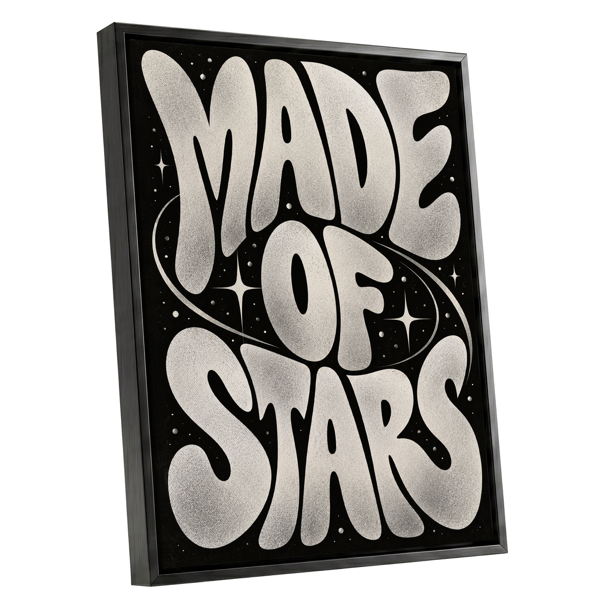 Made of Stars, black, white abstract wall art shown as a black framed canvas wall art