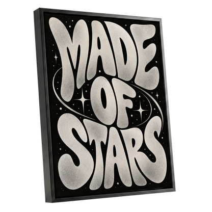 Made of Stars, black, white abstract wall art shown as a black framed canvas wall art