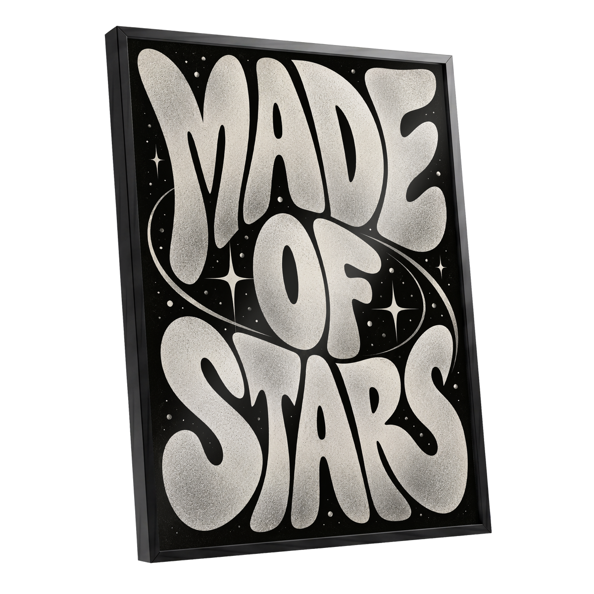 Made of Stars, black, white abstract wall art shown as a black framed poster wall art print