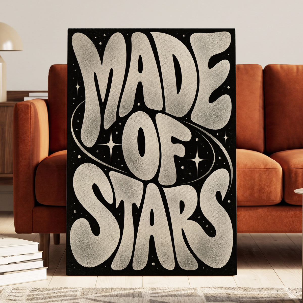 Made of Stars, black, white abstract wall art on canvas displayed in a styled interior, gallery view 1