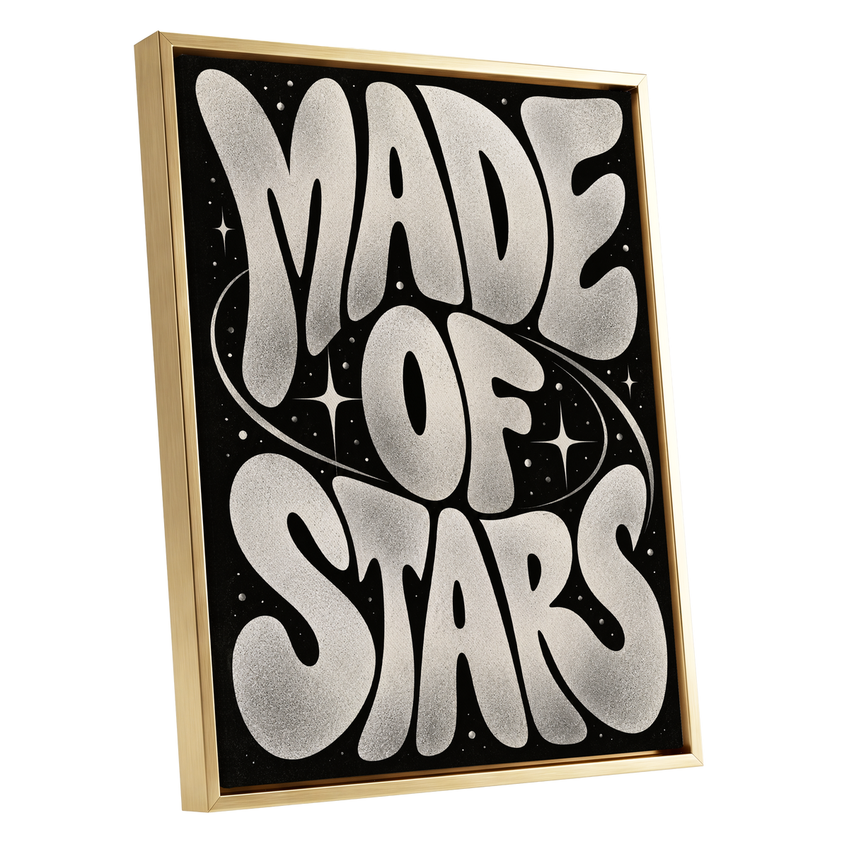 Made of Stars, black, white abstract wall art shown as a gold framed canvas wall art