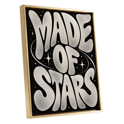 Made of Stars, black, white abstract wall art shown as a gold framed canvas wall art