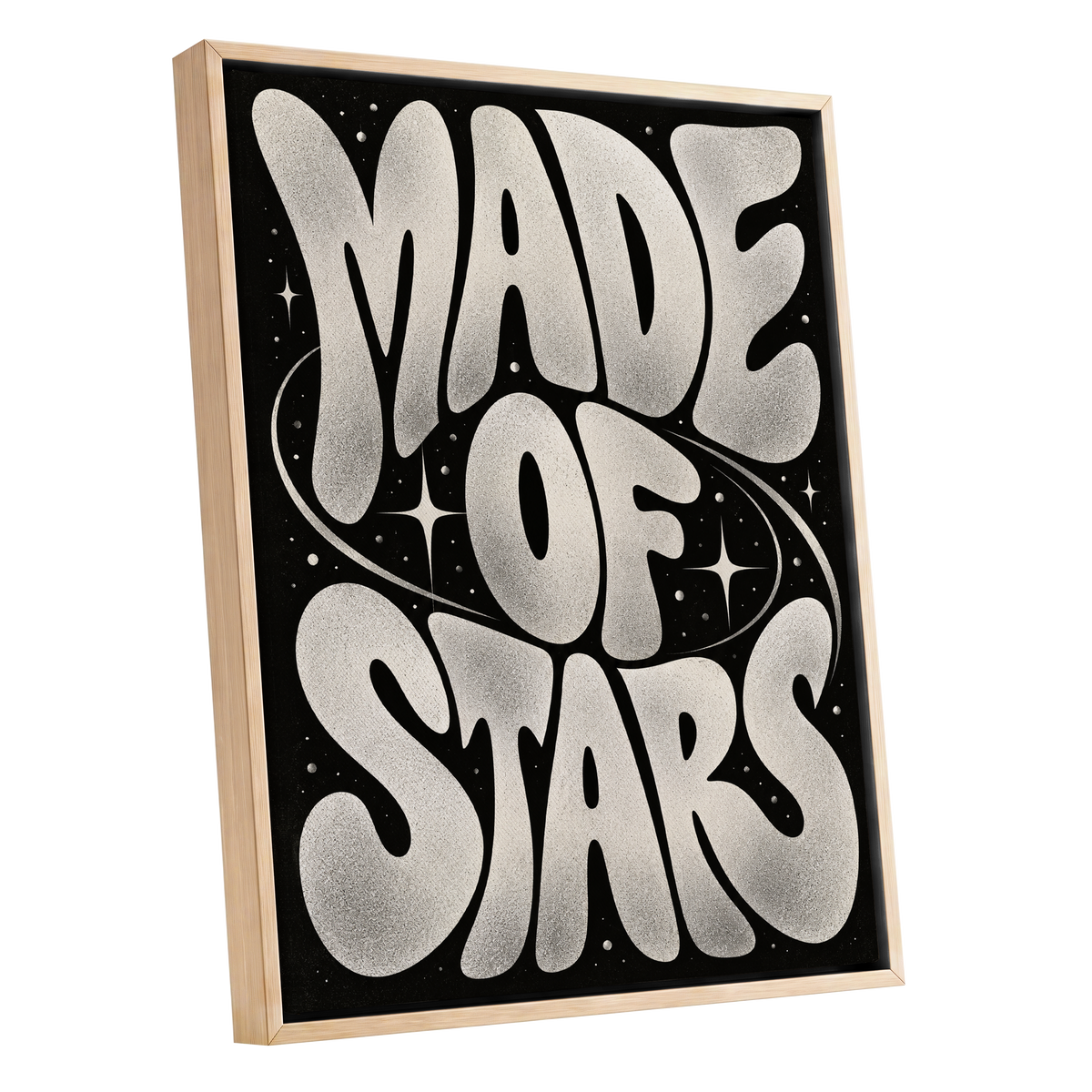 Made of Stars, black, white abstract wall art shown as a oak framed canvas wall art