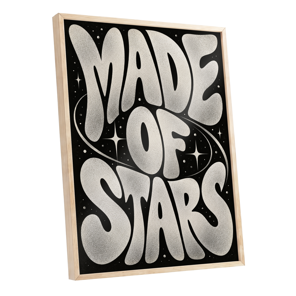 Made of Stars, black, white abstract wall art shown as a oak framed poster wall art print