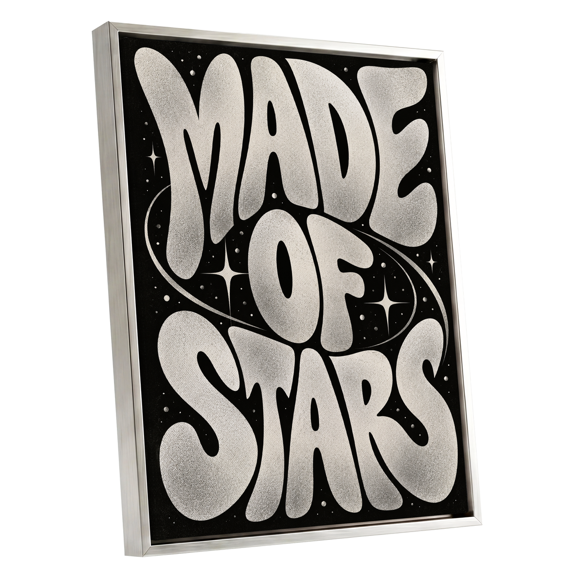 Made of Stars, black, white abstract wall art shown as a silver framed canvas wall art