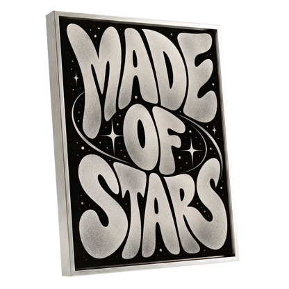 Made of Stars, black, white abstract wall art shown as a silver framed canvas wall art