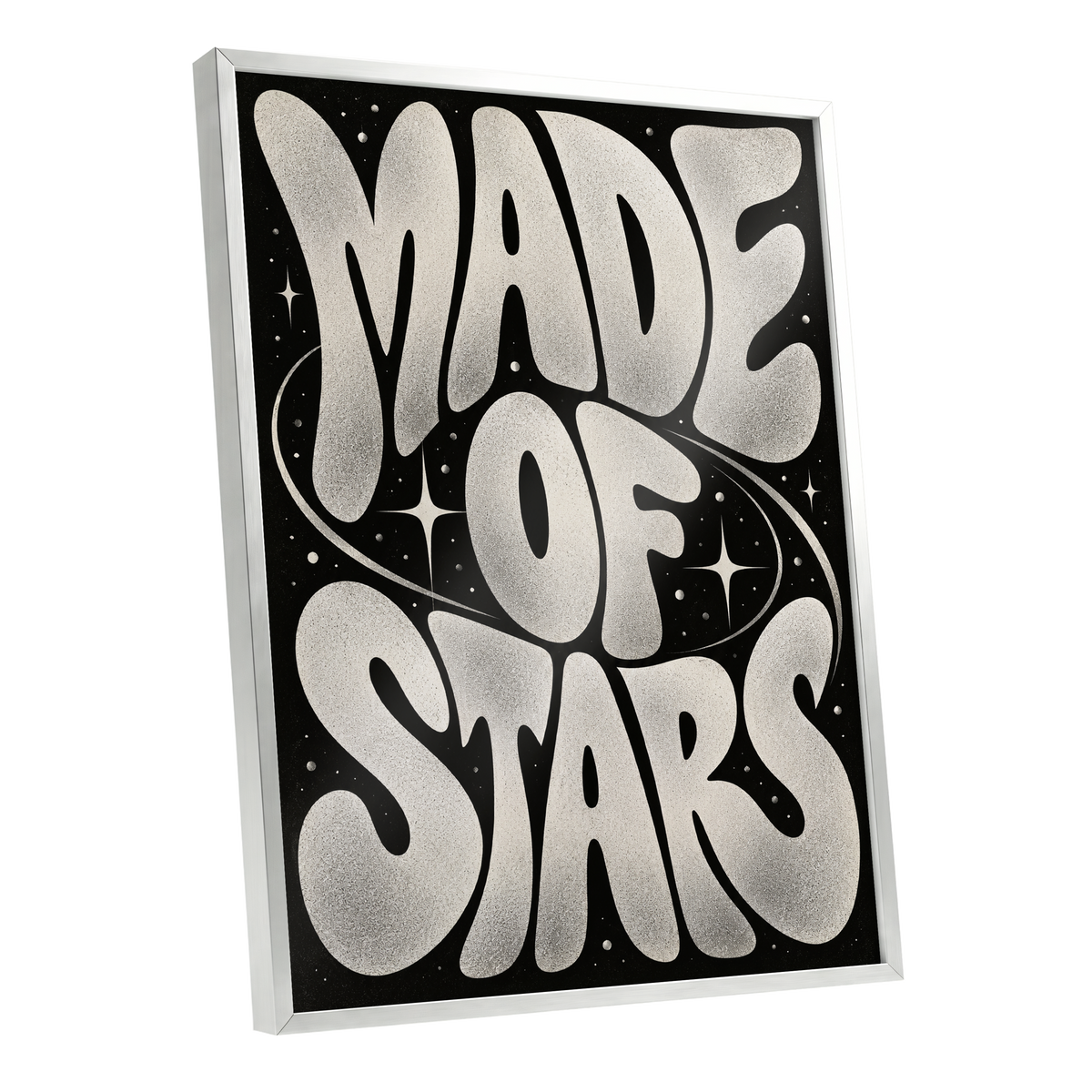 Made of Stars, black, white abstract wall art shown as a silver framed poster wall art print