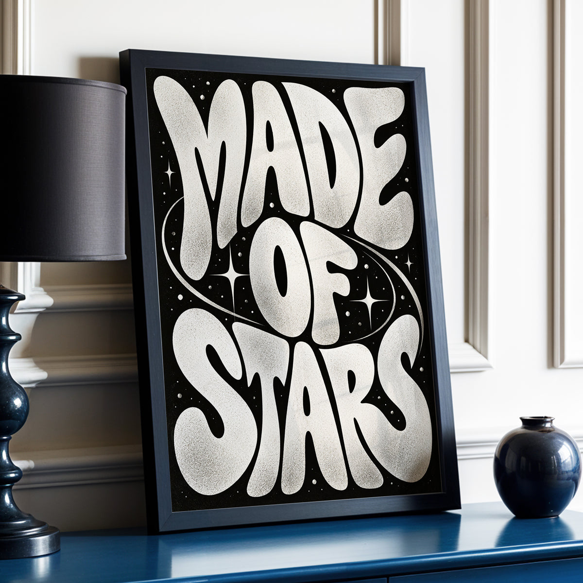 Made of Stars, black, white abstract wall art displayed in a styled interior, gallery view 2