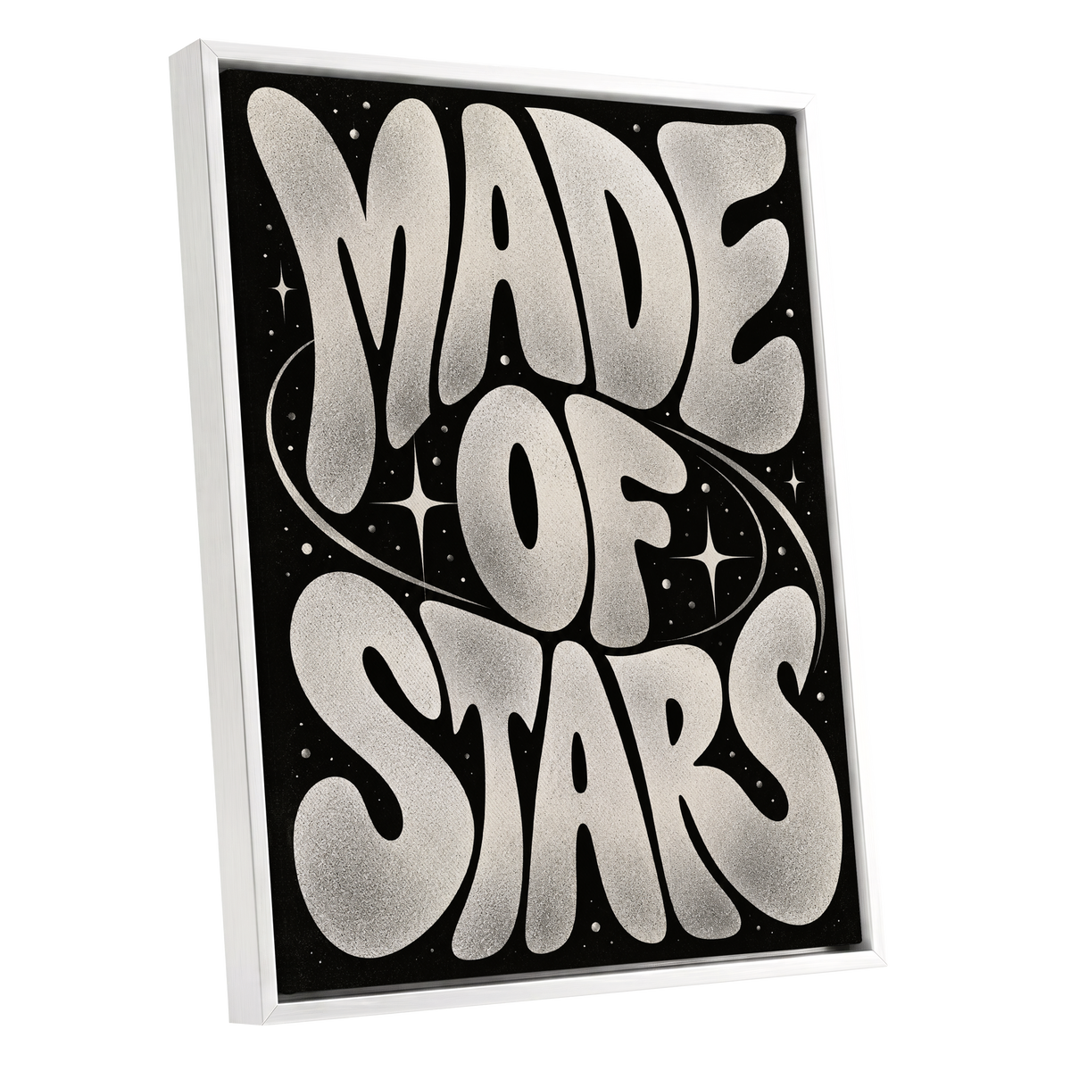 Made of Stars, black, white abstract wall art shown as a white framed canvas wall art