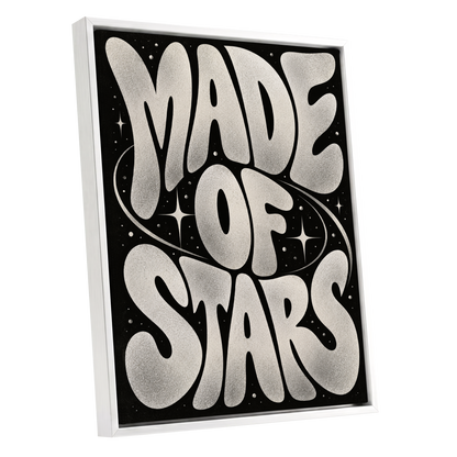 Made of Stars, black, white abstract wall art shown as a white framed canvas wall art