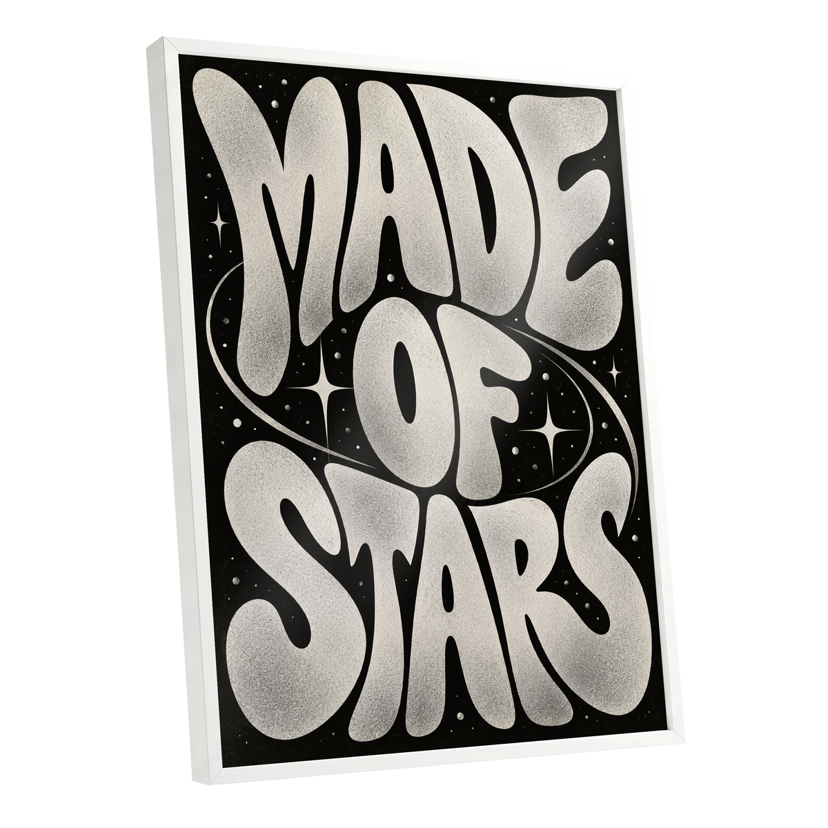 Made of Stars, black, white abstract wall art shown as a white framed poster wall art print