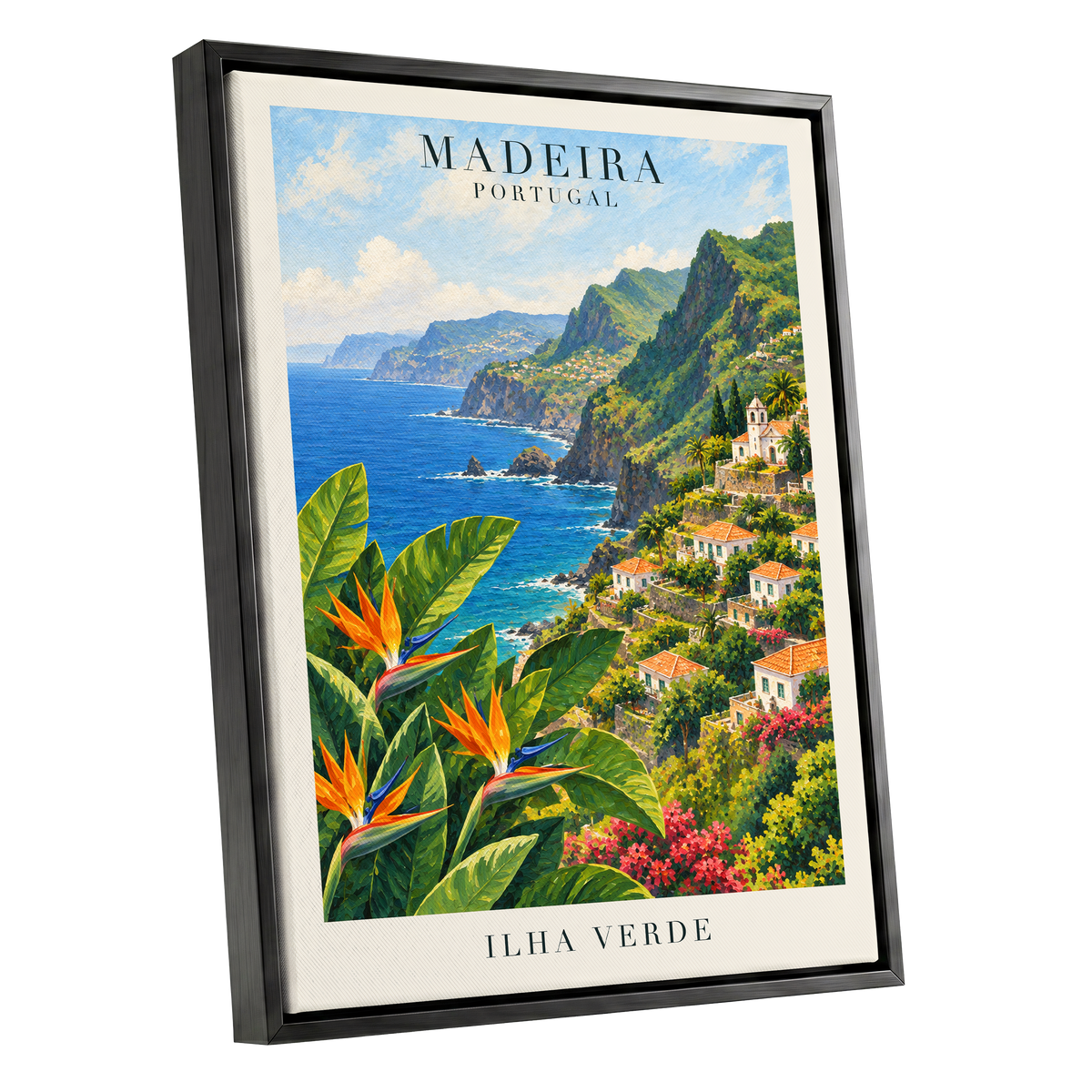 Madeira in Bloom, green, blue, orange nature wall art shown as a black framed canvas wall art