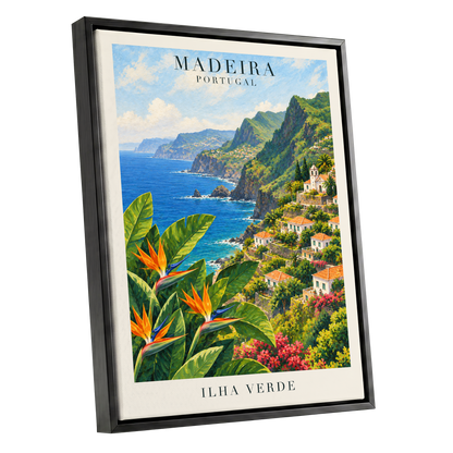 Madeira in Bloom, green, blue, orange nature wall art shown as a black framed canvas wall art