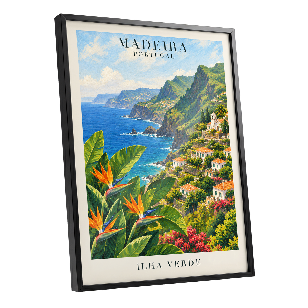 Madeira in Bloom, green, blue, orange nature wall art shown as a black framed poster wall art print