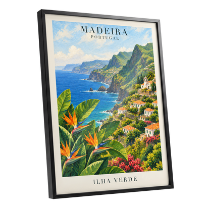 Madeira in Bloom, green, blue, orange nature wall art shown as a black framed poster wall art print