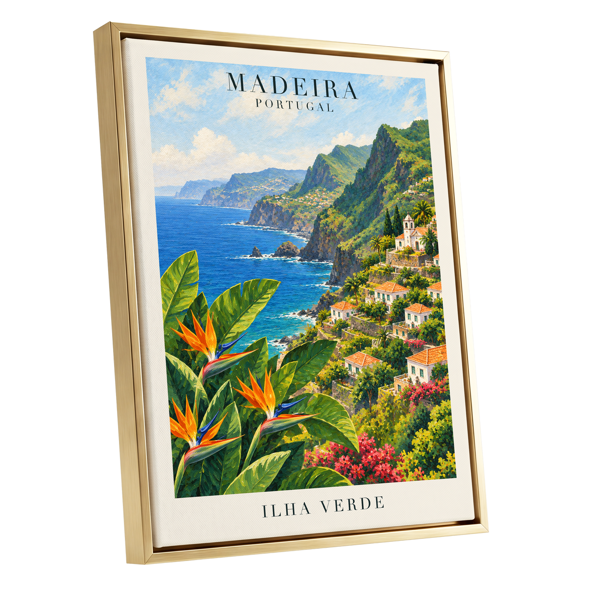 Madeira in Bloom, green, blue, orange nature wall art shown as a gold framed canvas wall art